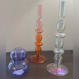 Colorful Iridescent tall Glass Candle Holder set